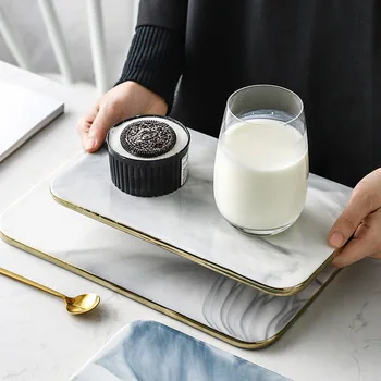 

Nordic Marble Ceramic Plate Brief Golden Edge Rectangle Porcelain Dinner Plate Western Style Steak Fruit Tray Snack Dishes Plate