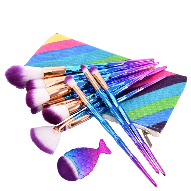

Professional Makeup Brush Set Thread Rainbow Handle Makeup Brushes Cosmetics Blusher Powder Blending Smooth Diamond Brush