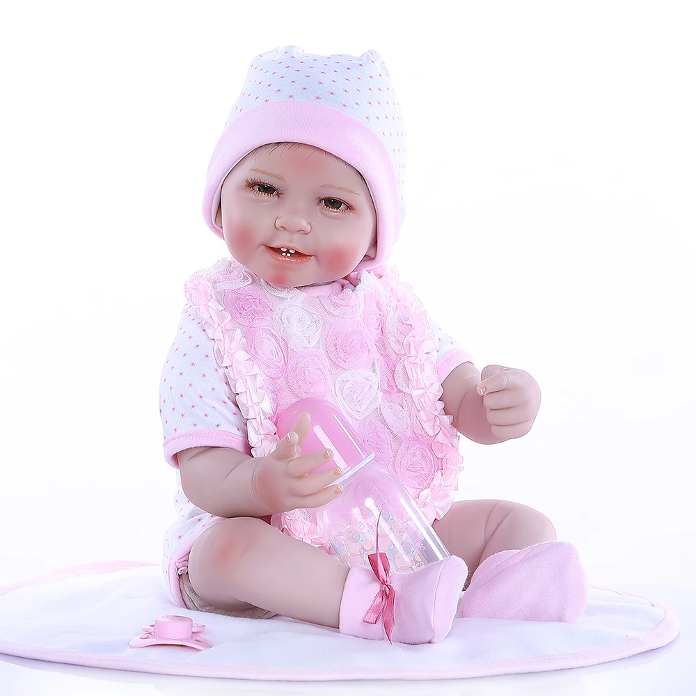 Npk55см, От 0 до 3 месяцев, настоящий ребенок, размер, улыбка, ребенок, с зубами, кукла-Реборн, Реалистичная, мягкое прикосновение, утяжеленная, тело, кукла в розовом платье