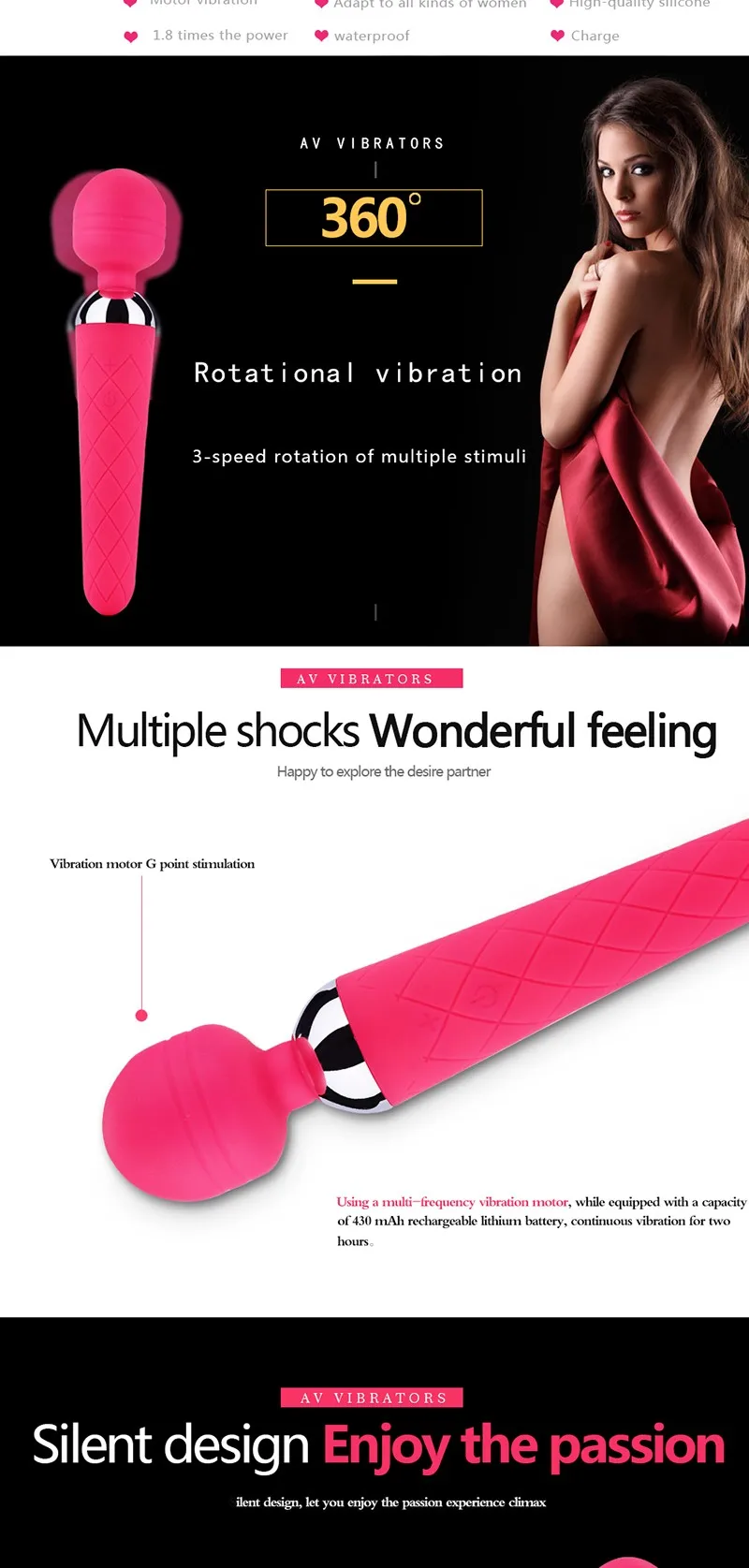 Black wolf Super Powerful oral clit vibrators for Women USB Rechargeable AV Magic Wand Massager Vibrator Adult Sex Toys for Wome 5