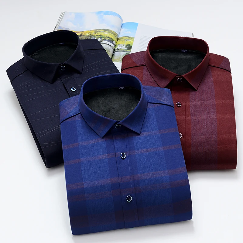 Shirt Men Casual Shirts Winter Thick Warm Shirts Plaid solid color smooth elestic dress shirt Camisa masculina Chemise homme