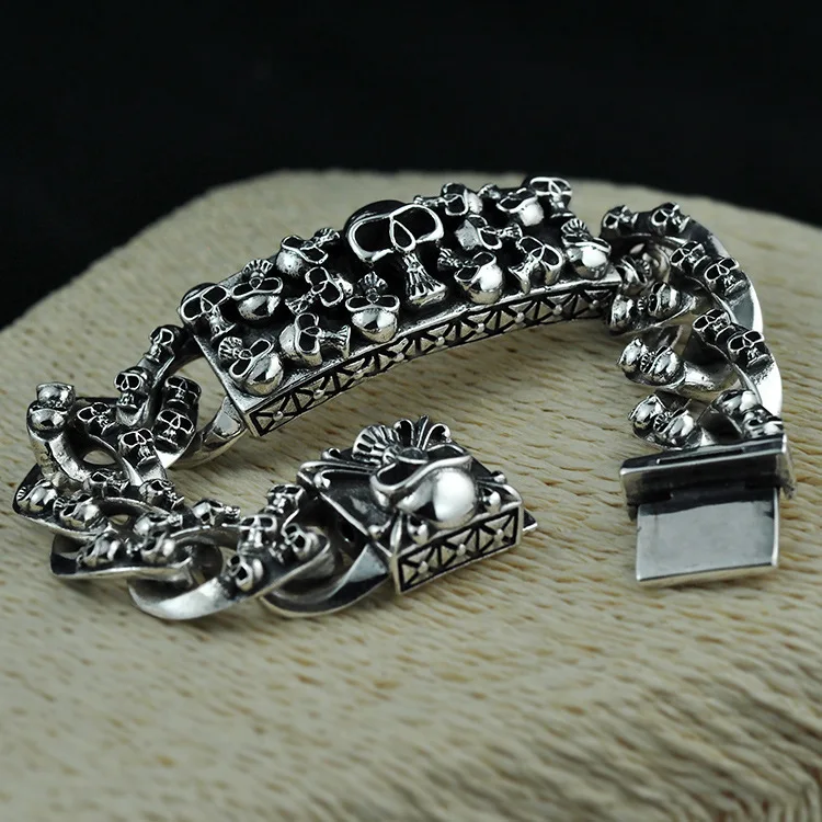 

Factory S925 Silver Skull Bracelet Thai Silver Retro Punk Trend Male Sterling Silver Personality Bracelet