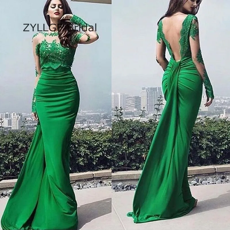 ZYLLGF Sexy Long Sleeve Bridesmaid Gown Floor Length Green Wedding Party Wear Indian Bridesmaid