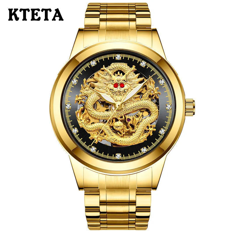 Золотые водонепроницаемые мужские часы из нержавеющей стали с вырезами от ведущего бренда, роскошные прозрачные автоматические механические наручные часы с скелетом - Color: gold black