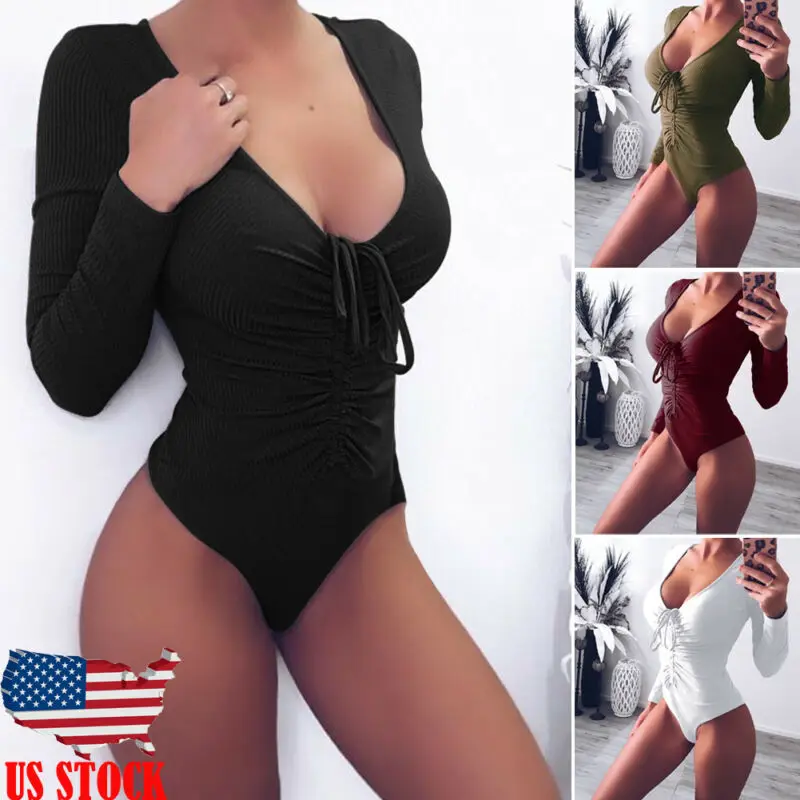 

Womens Autumn Long Sleeve Drawstring Casual Solid Color V-Neck Stretchy Bodysuit Ladies Leotard Body Top T-shirt S M L XL