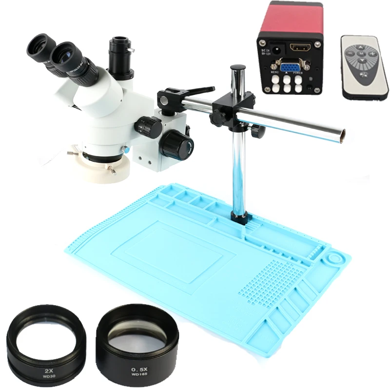 Kopen 3.5X 7X 45X 90X simul focal Trinoculaire Stereo Microscoop 13MP 720 p HDMI VGA digitale microscoop camera TAS Solderen warmte pad mat