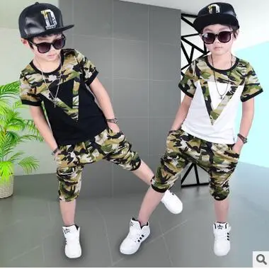 

2018 Summer Children's clothing set V-Neck Camouflage Hip Hop Suit Amry Green Print Baby boys Performance Fashion brand costume