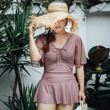 Женский купальник с коротким рукавом, купальные костюмы с юбкой размера плюс, женский купальник с большой чашкой, Одноцветный удобный купальник, пляжная одежда