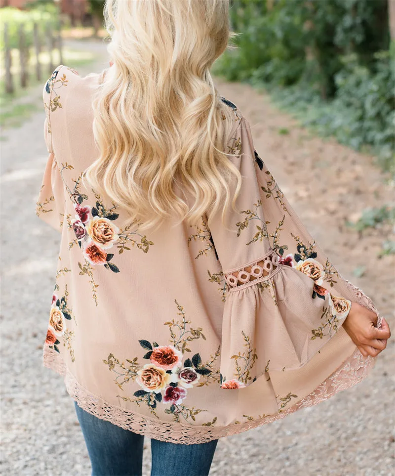 Gladiolus 2019 Spring Womens Tops And Blouses Loose Floral Print Flare Sleeve Lace Women Kimono Cardigan Summer Shirts Plus Size (46)