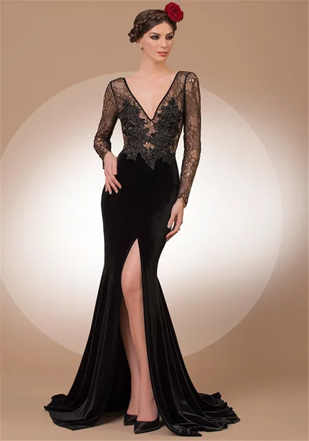 vestido de veludo longo com renda