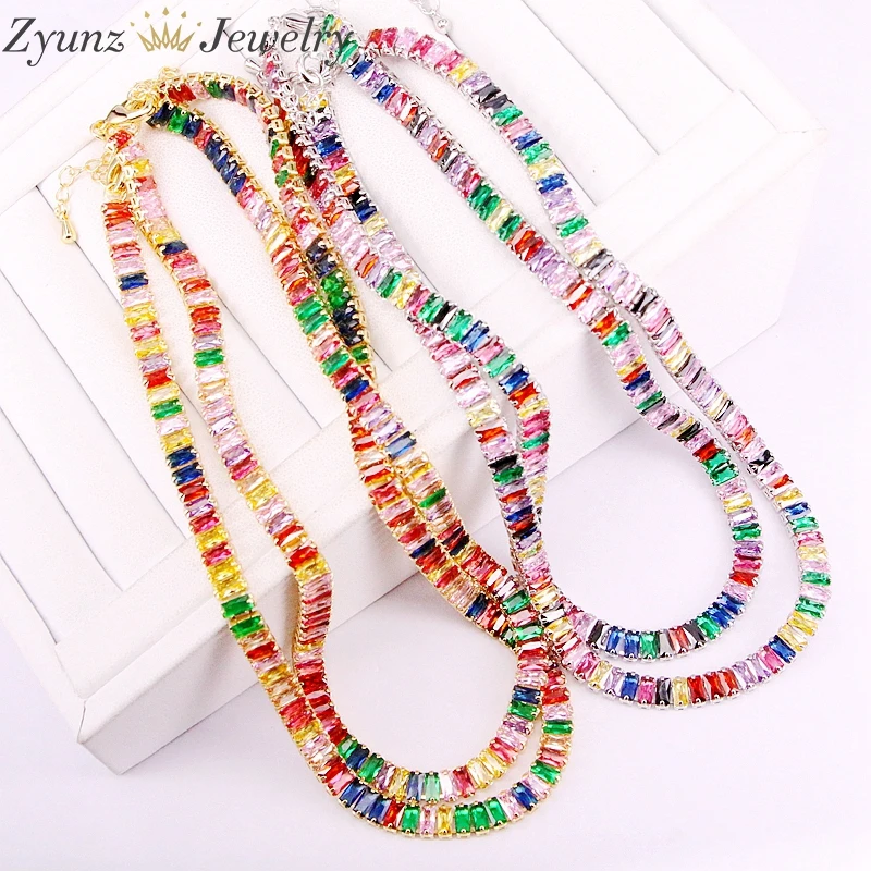 

5PCS, 3* 6mm, Baguette rainbow cubic zirconia charm women jewelry Prong setting rectangle tennis cz 35+5cm choker necklace