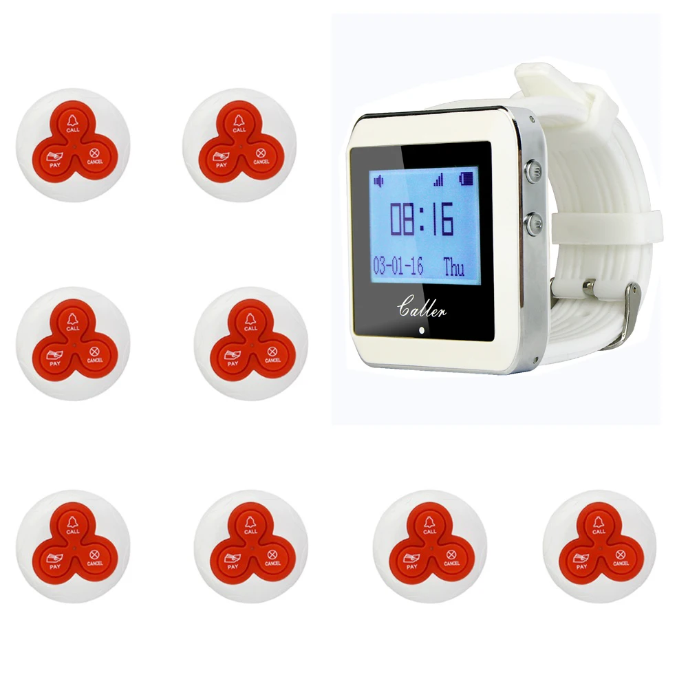 

Retekess 1 Watch Receiver+8 Call Button 433MHz T114 Restaurant Pager Wireless Calling System Waiter Call Pager Buzzer System