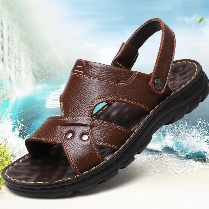 

2018 new summer men's casual leather sandals first layer leather beach shoes thick bottom breathable slippers shoes tide
