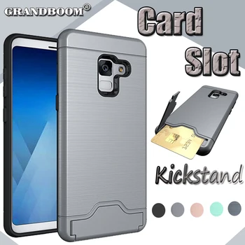 

1000pcs Card Slot Dual Layer Brushed Shockproof Case For Samsung A8 Plus 2018 A3 A5 A7 J3 J5 J7 2018 Hard PC+TPU Kickstand Cover