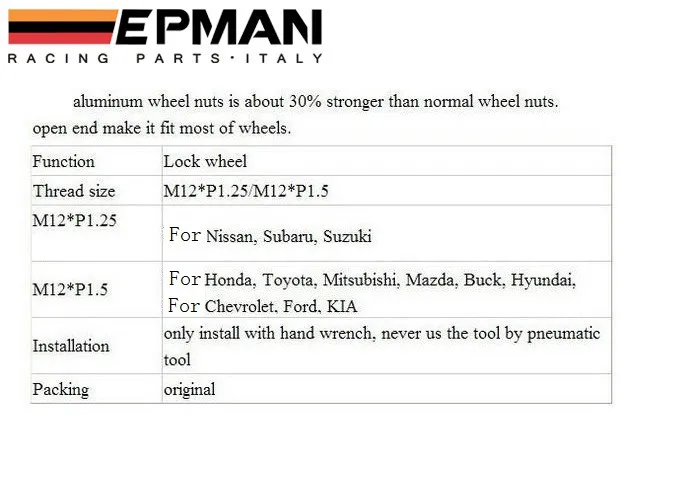 Аутентичные EPMAN формулы колеса стопорные гайки M12X1.5 20 шт Желудь обода с закрытым концом AF-NU7000-1.5