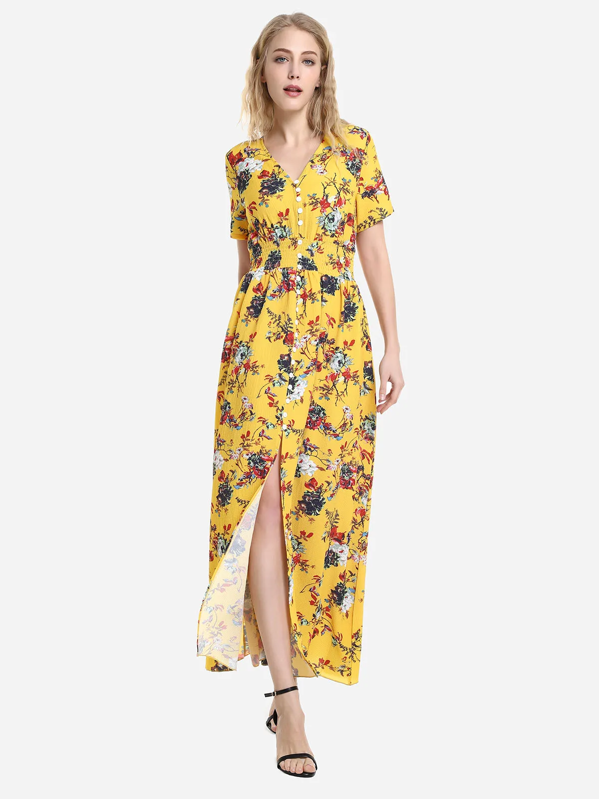

Sovalro Summer Floral Print V Neck High Waist Dress Short Sleeve Button Up High Slit Sexy Beach Long Dress Boho Style Dresses