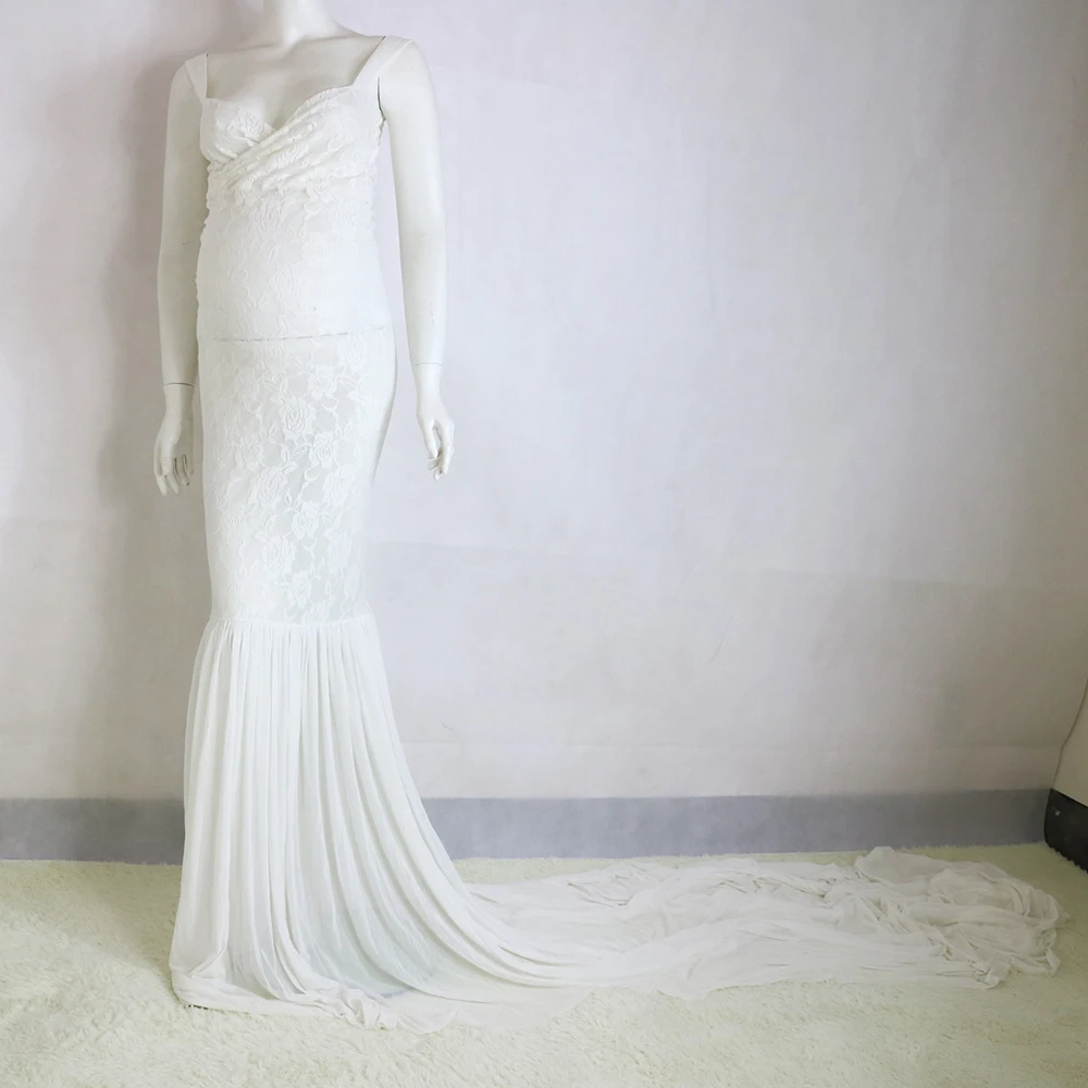 

Sample Clearance! Stretch Lace with Shoulder-Strap on top long Train Ivory Maternity Photography Dress Baby Shower two for one