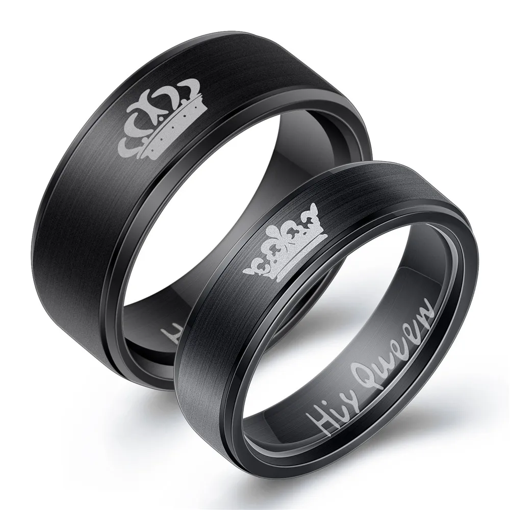 cheap Crown Couple Ring Her King And His Queen Stainless Steel Jewelry Wedding Rings For Women Men Simple Black Silver Ring For Lover