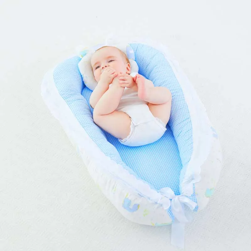 Моющееся детское гнездо из хлопчатобумажной пряжи, переносная люлька для новорожденных, бампер для съемной детской кроватки для путешествий, для ухода за малышом - Цвет: Blue plaid