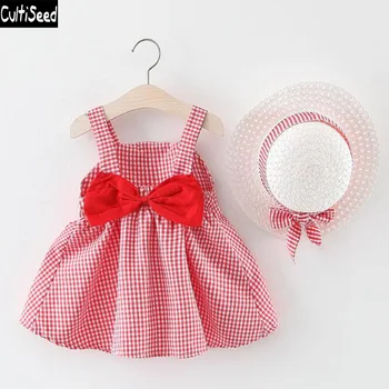 

Culitseed Baby Girl Summer Dress Baby Children Plaid Bow Princess Party Dress with Hat Kids Cute Casual Dress Clothing