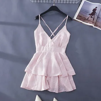

Fashion 2019 Summer Backless Holiday Playsuit High Waist V-Neck Chiffon Plaid Shorts Jumpsuit Sexy Beach Rompers