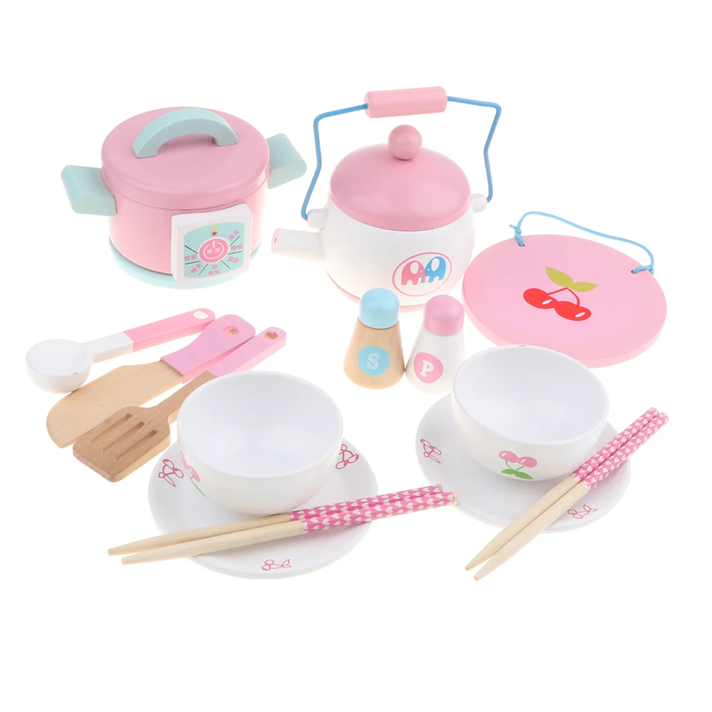 14Pcs  Kitchen Pretend Play Game Toys Wooden Cooking Utensils Playset Educational Game Pan Bowl Set