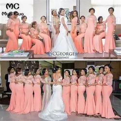 2018 коралловый платье подружки невесты длинные с кружевом Половина рукава шифон Свадебная вечеринка платье индивидуальный заказ Для