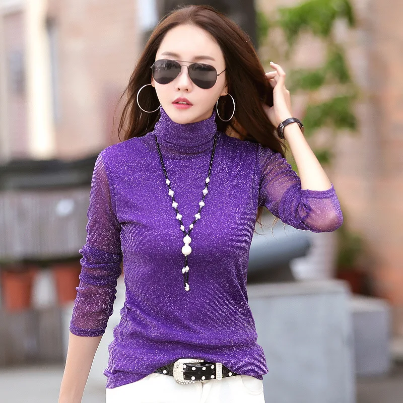 Женская футболка с длинными рукавами женская новая однотонная яркая шелковая рубашка тонкая Большие размеры корейский стиль Женская Нижняя рубашка XXXL - Цвет: Purple