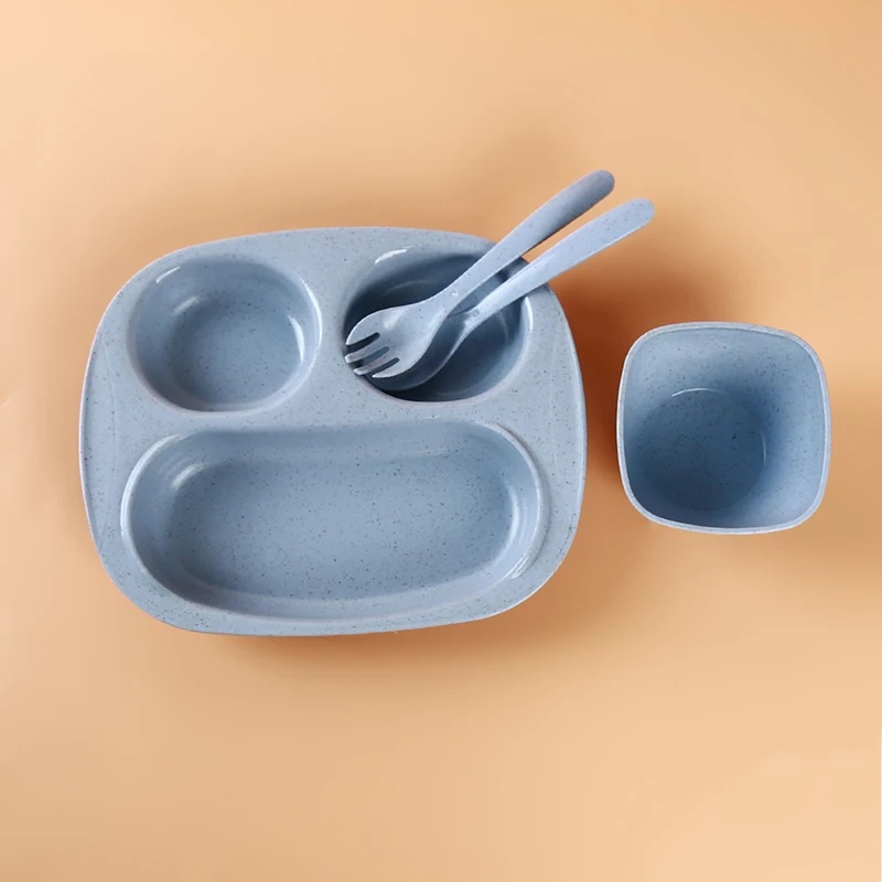 

4 Pcs/Set Wheat Straw Children's Bowl Plate Cutlery Set Colored Anti-drop Anti-scalding Food Feeding Plates Dishes For Baby Kids