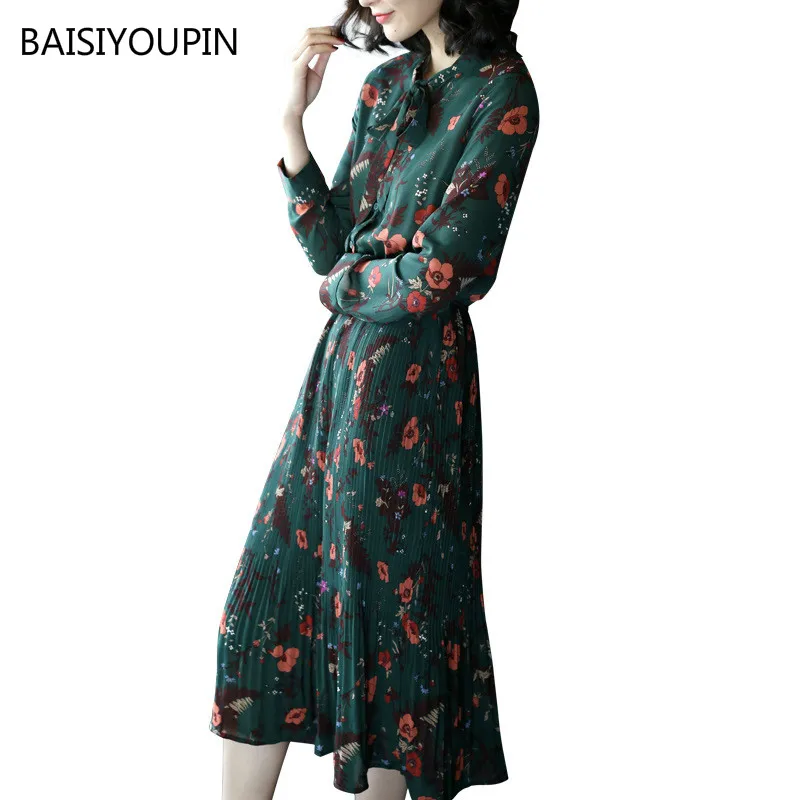 

2020 Spring and Autumn Sweet Lady Bohemian Long Sleeve Floral Dress Women Elegant A Line Pleat Chiffon Mid-Calf Beach Dresses