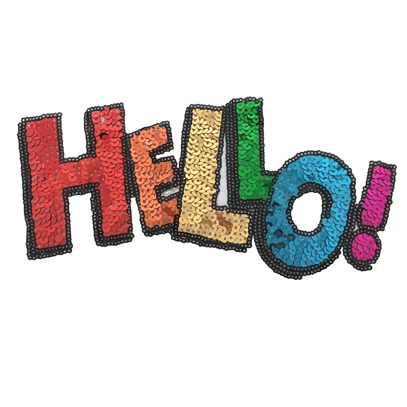 

Colorful HELLO Sequined Iron On Patches for Clothes Bags DIY Garment Accessories Large Letters Sequins Patch Sewing 2Pieces/lot
