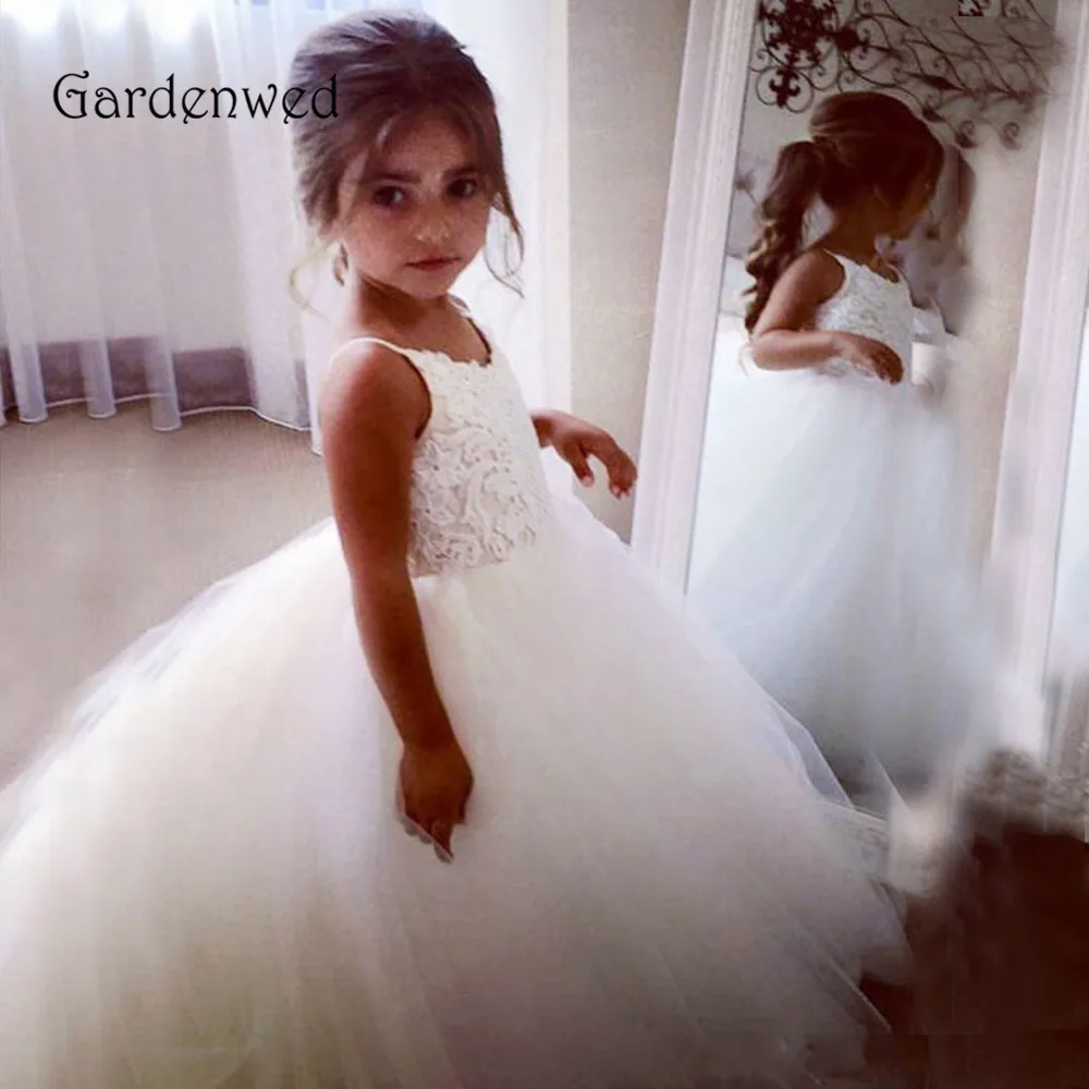 

Lace Top Little Girl Cute Ivory Flower Girl Dress 2019 Straps Formal Communion Long Puffy Tulle Gown Kids Wedding Party Cheap