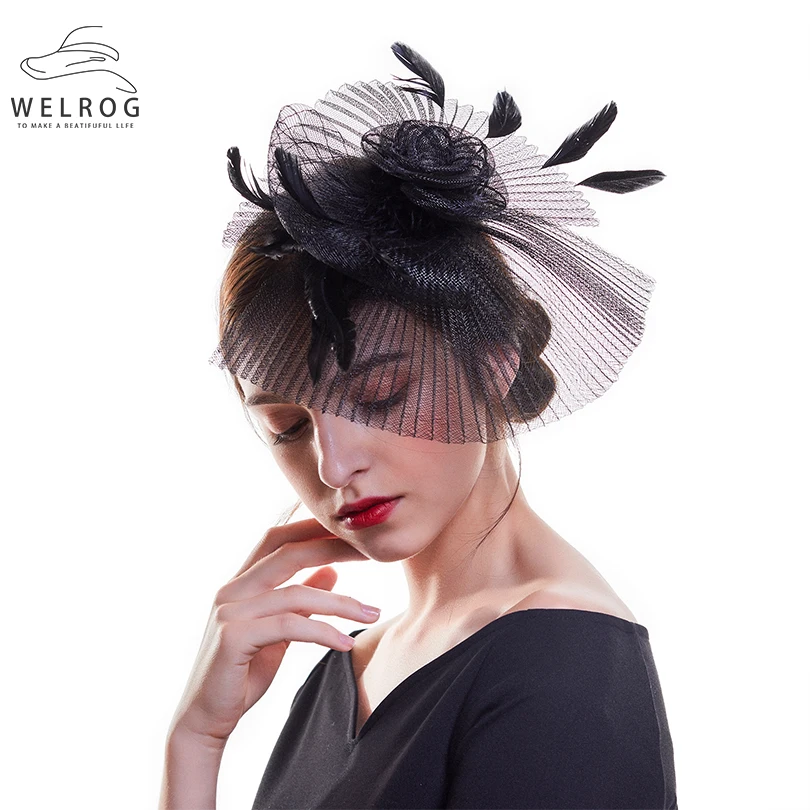 

WELROG 2019 New Arrivals Fashion Women Fascinator Mesh Hat Ribbons And Feathers Wedding Party Hat