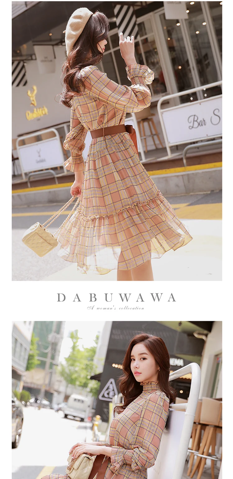 Dabuwawa New Spring Vintage Midi Dresses Women Ladies Plaid Bow Tie Turtleneck Chiffon Dress D18CDR086