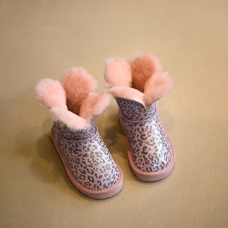 Real Fur Kids Wools Snow Boots Leopard Cold Winter Real Leather