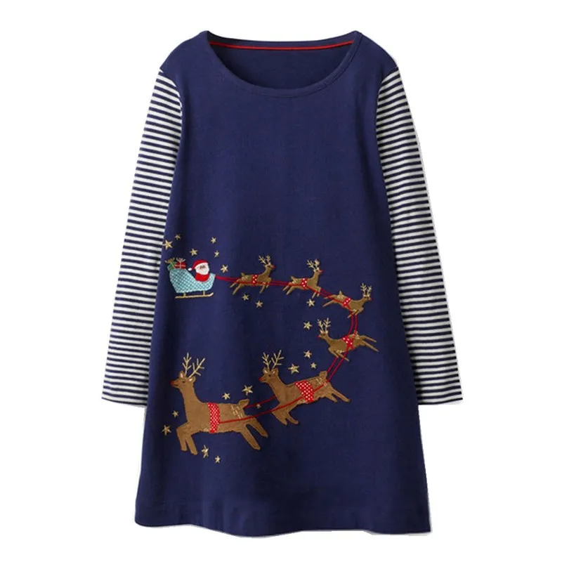 100% Cotton Striped Girls Dresses Baby Kids Christmas Clothes Long Sleeve Spring Autumn Applique Deer Children Dress Robe Fille (2)