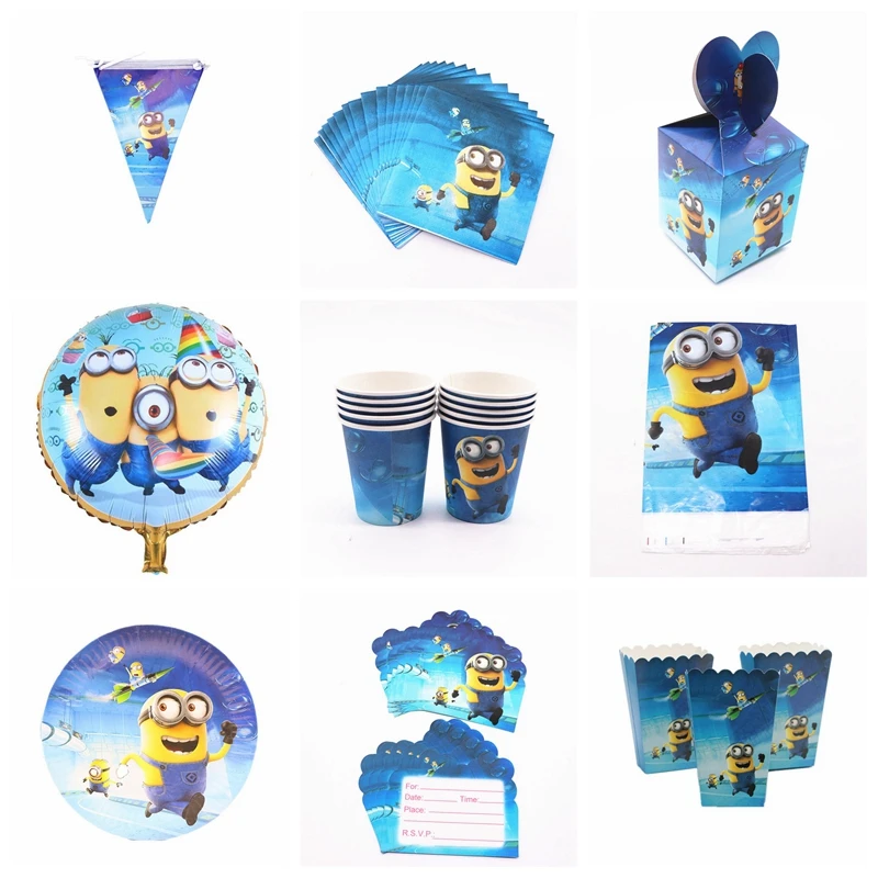 

Minions Theme Birthday Party Decor Paper Plate Cup Napkin Banner/Flag Candy Box Straw Tableware Set Baby Shower Party Supplies