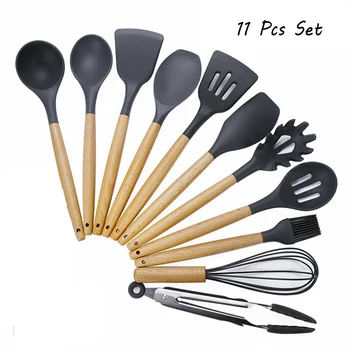 

Silicon Home Cooking Utensils Set Gadgets For Kitchen Tools Set Spatula Whisk Oil Brush Shovel Wooden Handle Cooking Accessories