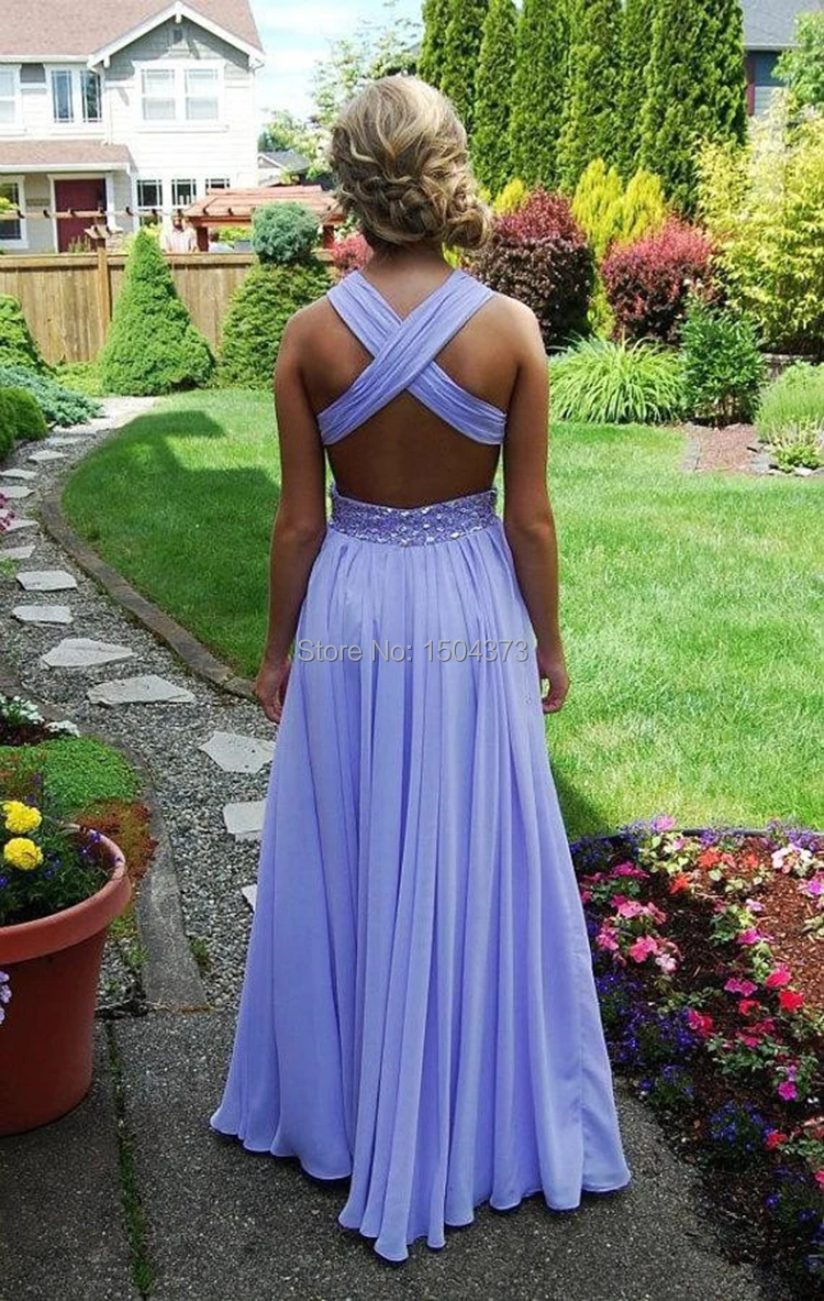 Cheap Dress Elegant Criss Cross Back Sexy A Line Prom Dresses Lavender Yellow Chiffon Beach