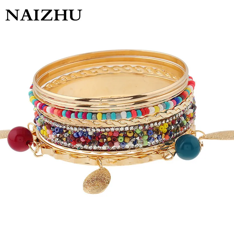 

Gold Color Multilayer Luxury Shine Beads Bangle for Women Bijoux Behemian Charm Bracelets Bangles Set boho jewelry