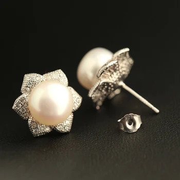 

1.4cm natural freshwater big pearl stud earrings simple fashion party Bohemia sun flowers 925 Sterling Silver girls lovers gift