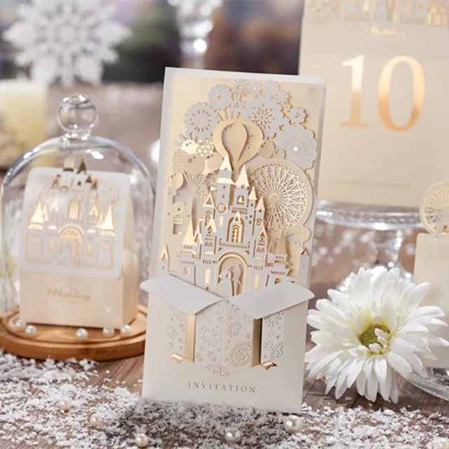 $US $55.00 Wishmade Champagne Gold 3D Wedding Invitations Laser Cut Invitation Cards with Bride and Groom in Castle For Party Customizable