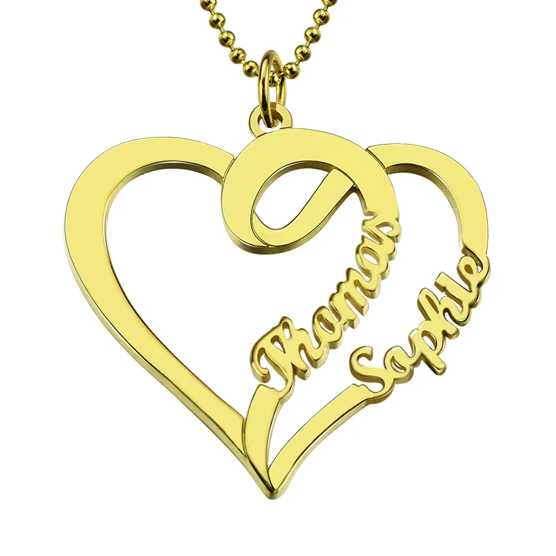 Wholesale Personalized Love Necklace with Two Hearts and Names Gold