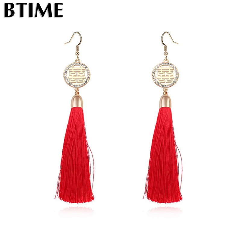 Vintage Chinese Tassel Dangle Earrings Made with Swarovski Long Pendant