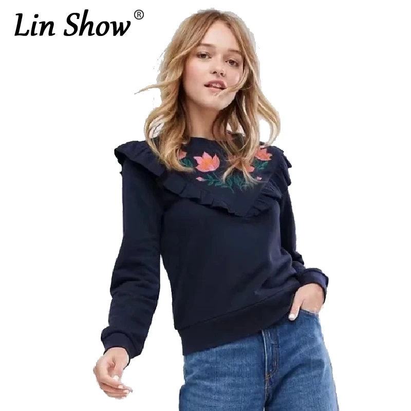 Linshow осень 2017 г. мода lotus вышитые Для женщин толстовка с длинным рукавом