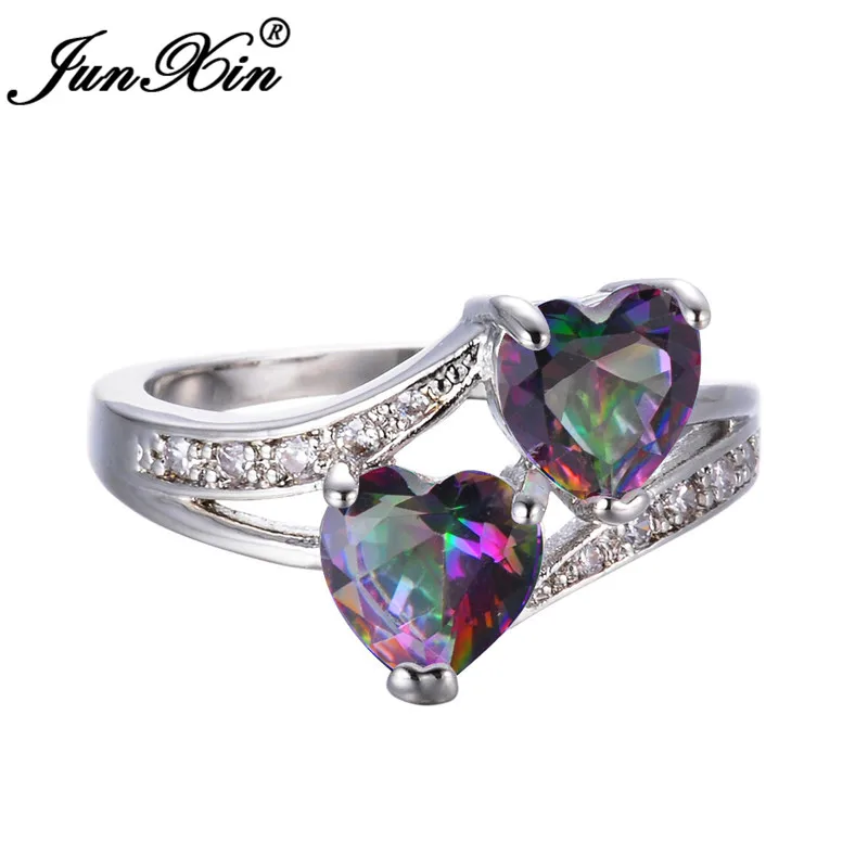 JUNXIN Rainbow Stone Double Heart Rings For Women 925 Sterling Silver Filled aaa Zircon Royal Blue/Purple Birthstone Ring Female