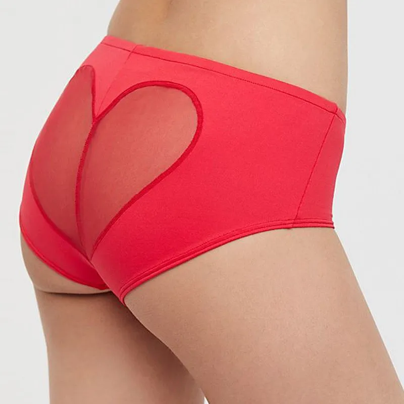 Women Underwear BoyShorts Patchwork Lace red Heart shaped Allure sexy