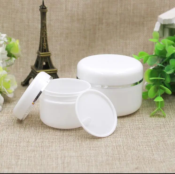 

30pcs Free Shipping 50 100 250 g white Silver ring Plastic Cans For Spices Storage Butter Mask Cream Sample Bank Pack Containers