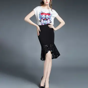 

2019 New skirts womens Spring Lace Stitching High Waist Wild Irregular Solid Color Fishtail Stretch Mid-length jupe femme