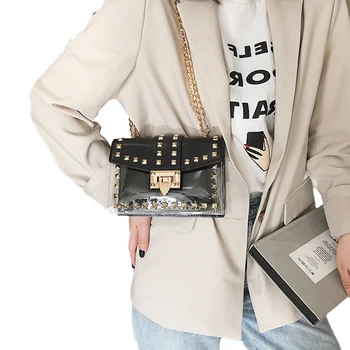 

Small Clear Designer Woman New Fashion Messenger Bag Chains Shoulder Bag Female Rivets Transparent Square Pu Handbag